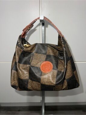 Vintage Fendi Brown/Black Checkered Small Pouch Leather Handles Gold Hardware